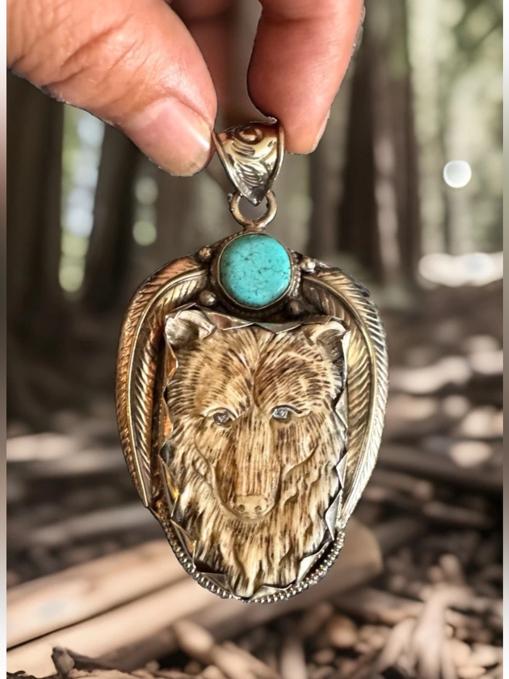 Handcrafted Bone Pendant,Bear Face Art,Floral Carving,Turquoise & Silver,40grams